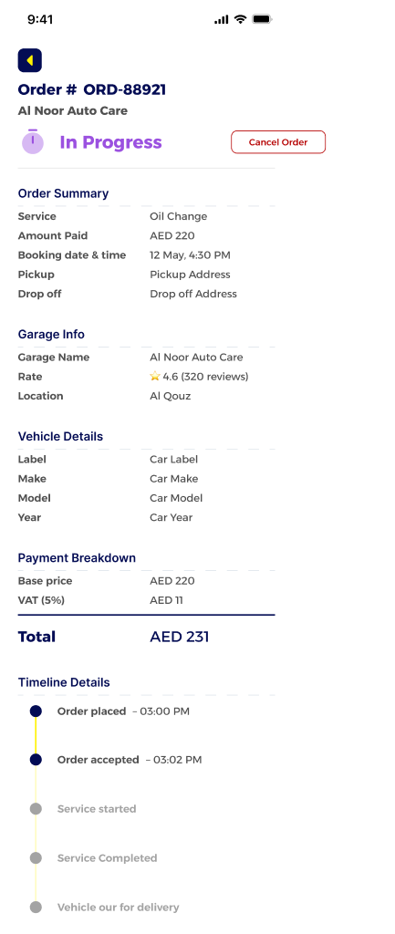 Garagat.ai customer app — order tracking and live service updates