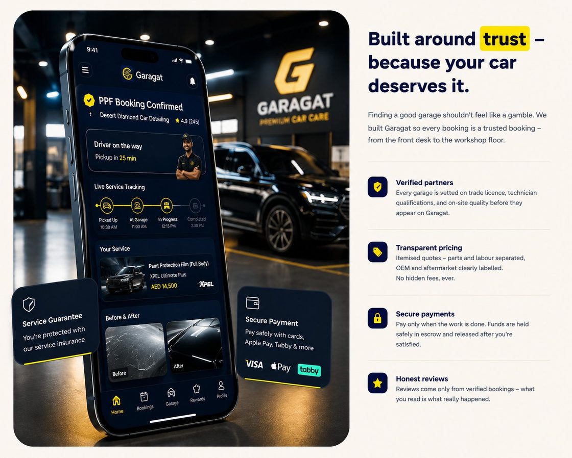 The Garagat.ai app showing a confirmed booking with live service tracking
